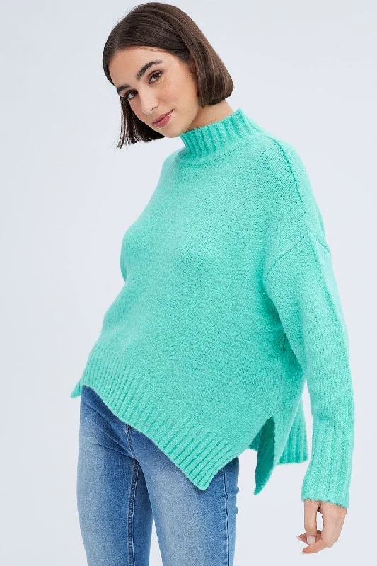 Green Knit Top Long Sleeve Oversized Turtleneck Turquoise Knit Top