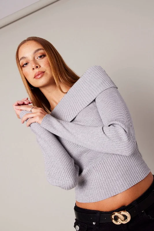 Grey Knit Top Long Sleeve Off Shoulder Summer Knit Top