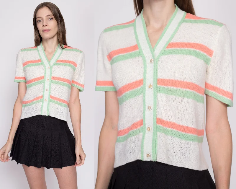 Medium 70s White Pastel Striped Knit Top Halter Neck Knit Tee