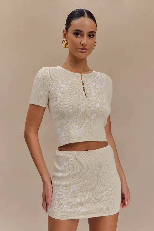 Monroe Embroidered Knit Top - Cream And Ivory Minimalist Knit Blouse