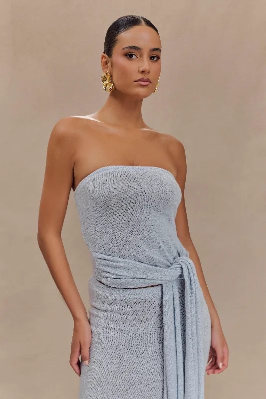 Phoebe Strapless Tie Knit Top - Ice Blue Retro Knit Shirt