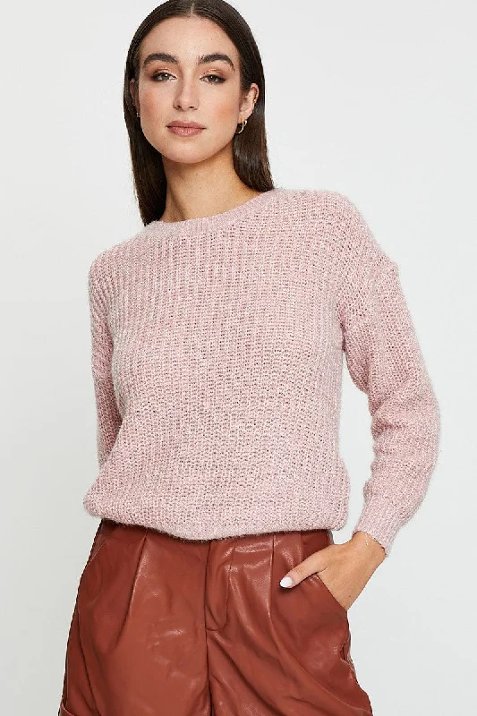 Pink Knit Top Long Sleeve Round Neck V Neck Knit Shirt