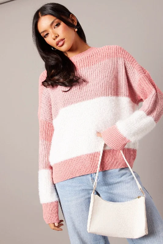 Pink Stripe Knit Top Long Sleeve Color Block Spring Knit Blouse