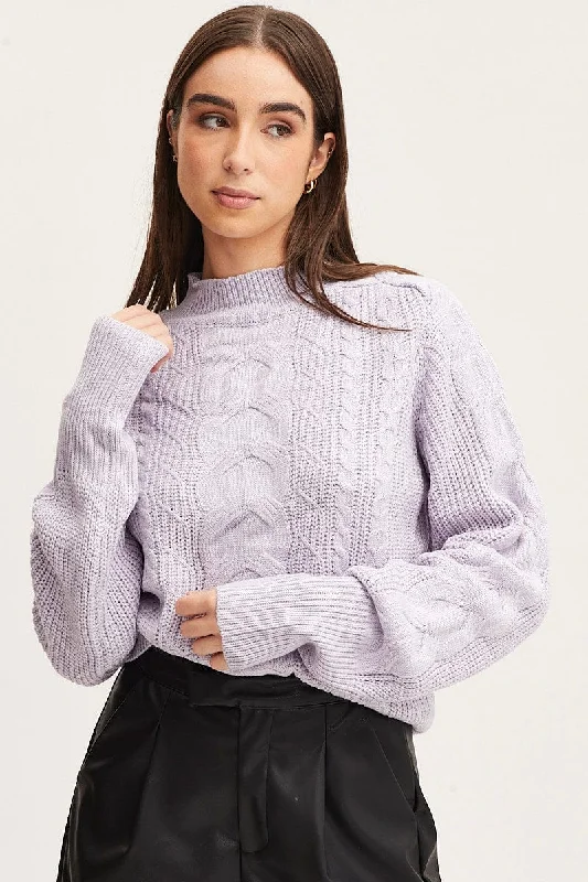 Purple Knit Top Long Sleeve Relaxed Turtleneck Cable Lavender Knit Shirt