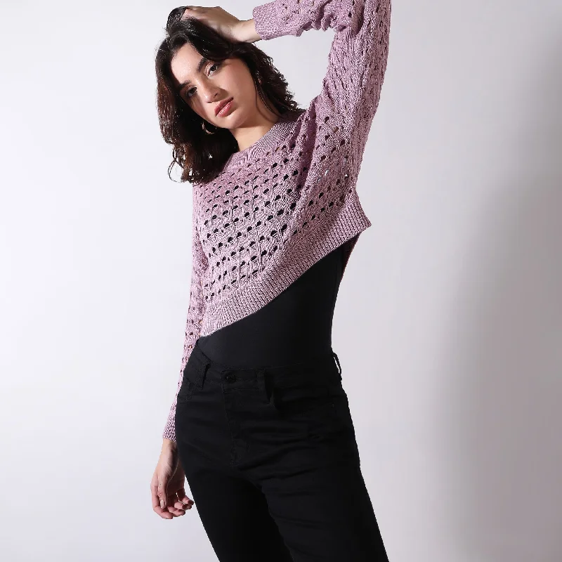 Full Sleeve Ribbed Hem Knit Top Hemp Knit Blouse