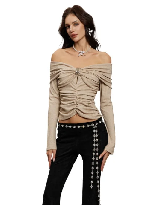 Ruched Off-Shoulder Slim-Fit Knit Top Daily Wear Knit Tee