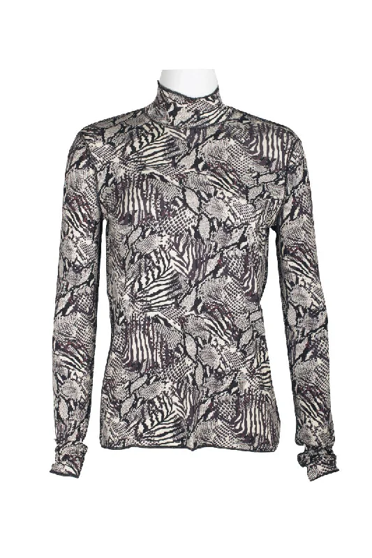 T Tahari High Neck Long Sleeve Outside Stitching Multi Print Knit Top Organic Knit Top