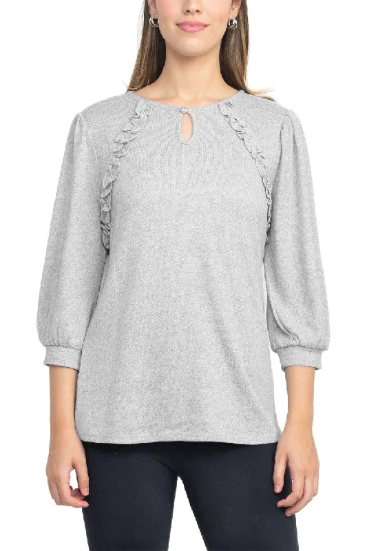 Tint + Shadow 3/4 Sleeve Crew Neck With Rhinestone Button Keyhole & Front Ruffle Detail Knit Top Limited Edition Knit Top