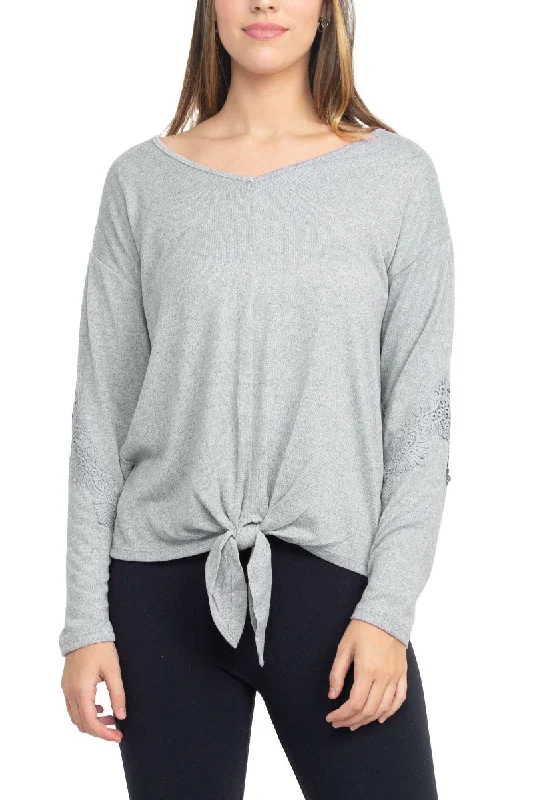 Tint + Shadow Boat Neck Long Sleeve Tie Front Hem Solid Knit Top Boutique Knit Tee