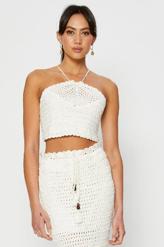 White Knit Top Crop Crochet Navy Blue Knit Tee