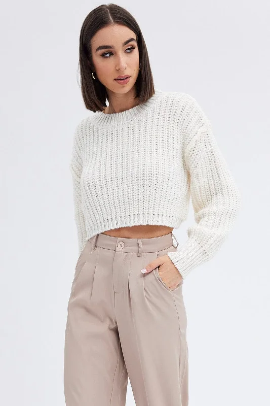 White Knit Top Round Neck Long Sleeve Crop Turtle Neck Knit Top