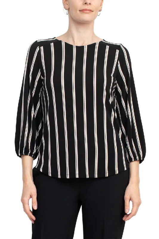 Adrianna Papell Crew Neck Long Sleeve Elastic Cuff Multi Print Keyhole Back Button Closure Knit Top Bamboo Knit Shirt