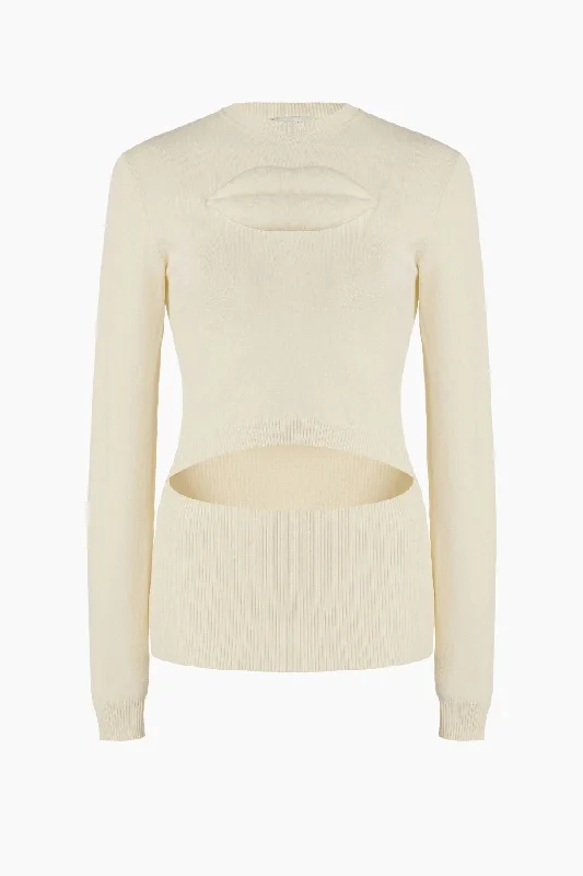 A.W.A.K.E Mode Knit Top with Front Cut Out and Lip Appliqué - Ivory V Neck Knit Shirt
