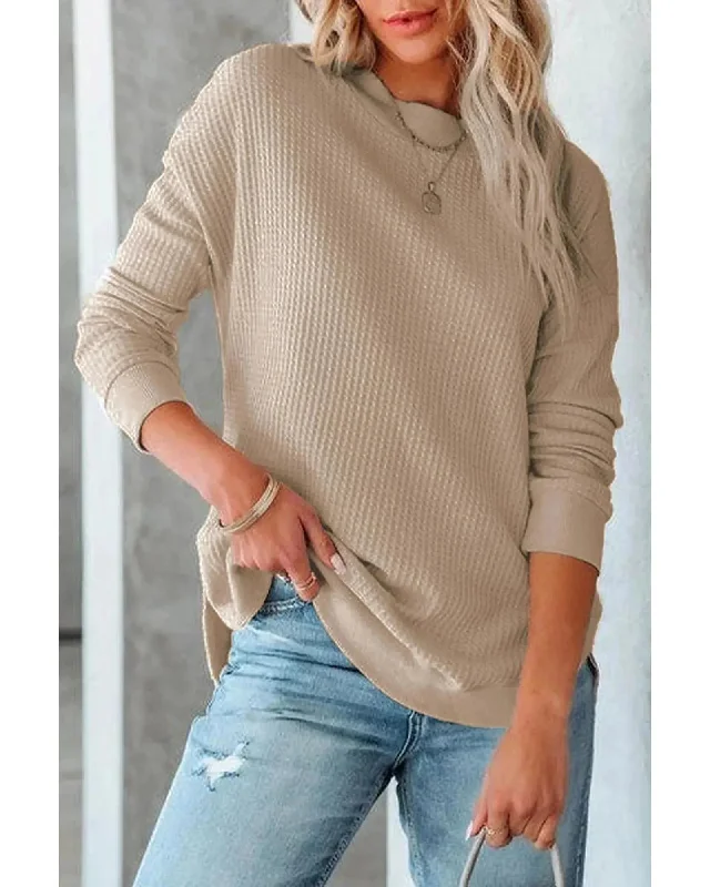 Azura Exchange Ribbed Trim Waffle Knit Top - XL Polo Neck Knit Top