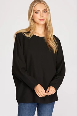 BLACK LONG BATWING SLEEVES THERMAL KNIT TOP S8SY2586A Floral Knit Shirt