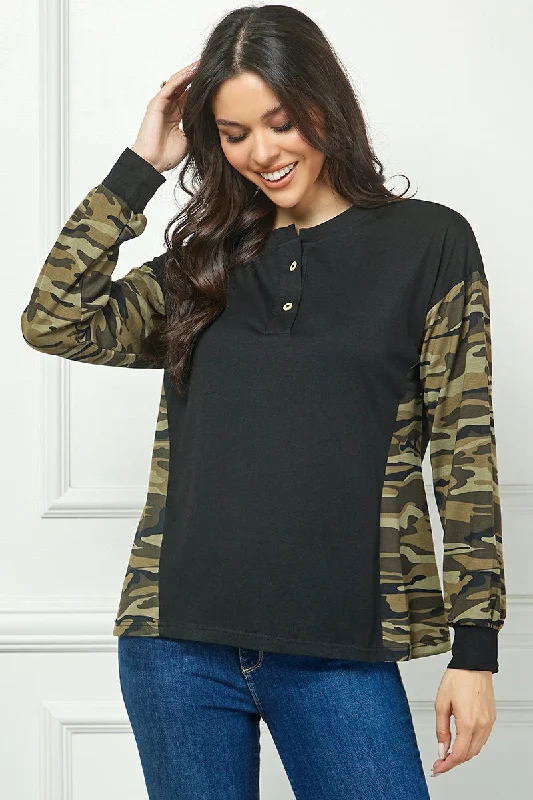 BLACK COMO PRINT HENLEY KNIT TOP AVT51586K Navy Blue Knit Tee