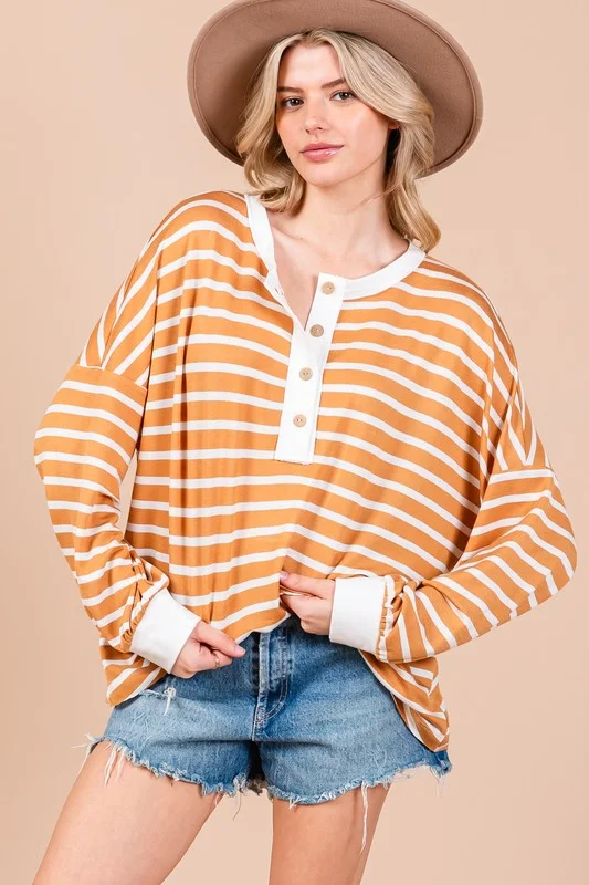 CAMEL/SAGE STRIPE BUTTON FRONT LONG SLEEVES KNIT TOP CFTY12924STA Patterned Knit Tee CAMEL/SAGE STRIPE BUTTON FRONT LONG SLEEVES KNIT TOP CFTY12924STA Patterned Knit Tee