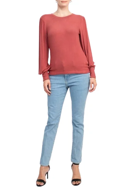 Catherine Malandrino Crew Neck Long Sleeve Elastic Cuff’s Solid Knit Top Luxury Knit Top