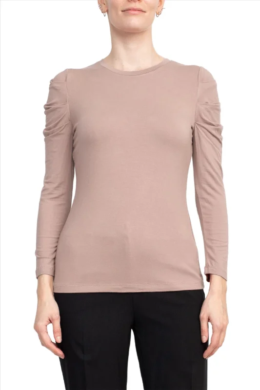 Catherine Malandrino Crew Neck Long Sleeve Ruched Shoulder Solid Knit Top Affordable Knit Blouse