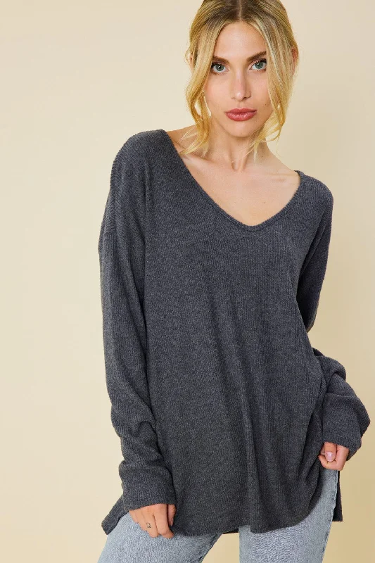 CHARCOAL V-NECK SOFT TOUCH RIB KNIT TOP FSLST3067 Bright Color Knit Shirt