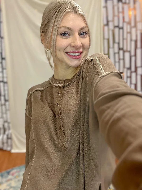 Contrast Stitch Long Sleeve Henley Knit Top Olive Green Knit Blouse