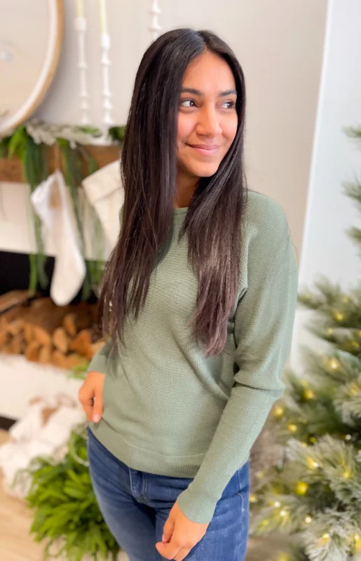 Emmy Long Sleeve Green Waffle Knit Top Polka Dot Knit Top
