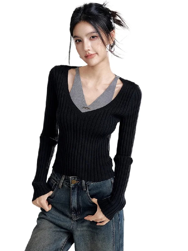 Faux Two-Piece Hollow Knit Top High Neck Knit Top