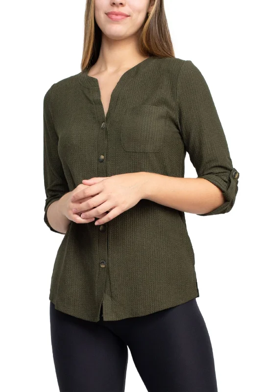 Floral + Ivy Notched Button Down 3/4 Sleeve Solid Knit Top with Front Pocket Asymmetrical Knit Blouse Floral + Ivy Notched Button Down 3/4 Sleeve Solid Knit Top with Front Pocket Asymmetrical Knit Blouse