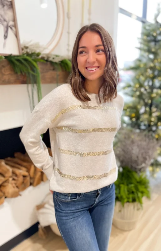 Harlow Oatmeal Knit Top with Gold Sequin Geometric Knit Tee