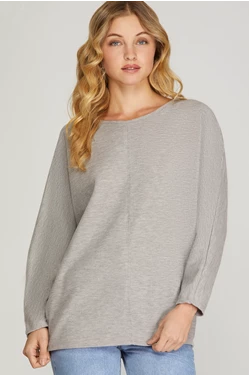 HEATER GREY LONG BATWING SLEEVES THERMAL KNIT TOP S8SY2586A Polka Dot Knit Top