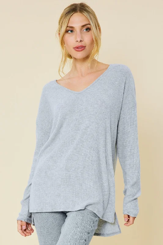 HEATER GREY V-NECK SOFT TOUCH RIB KNIT TOP FSLST3067 Pastel Knit Top