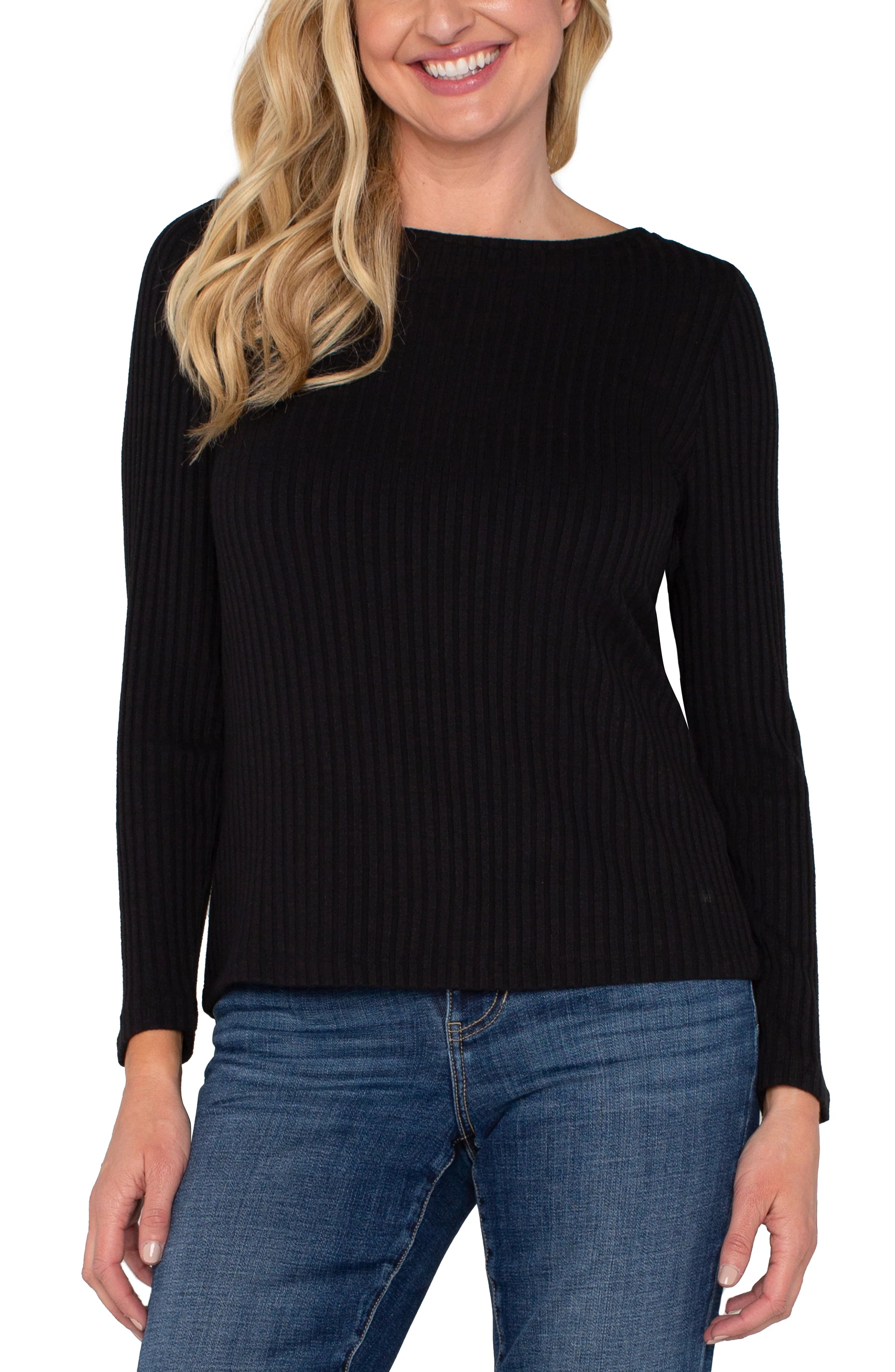 Liverpool Long Sleeve Boat Neck Knit Top Black Gold Knit Top