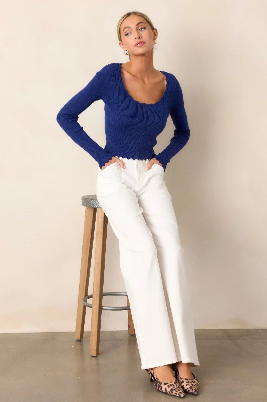 MINKPINK Laura Midnight Blue Scallop Knit Top Ash Gray Knit Top