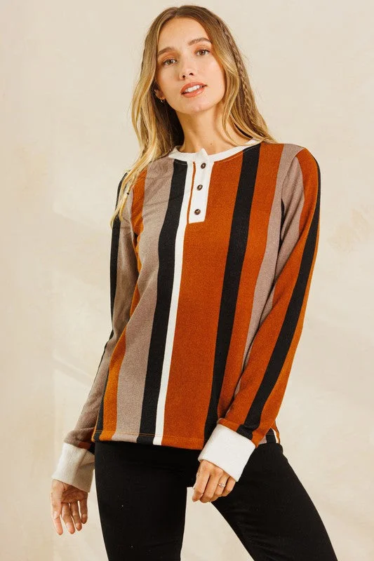 MUSTARD STRIPED COLOR BLOCK STRETCH KNIT TOP TY10837NPB Modern Knit Blouse