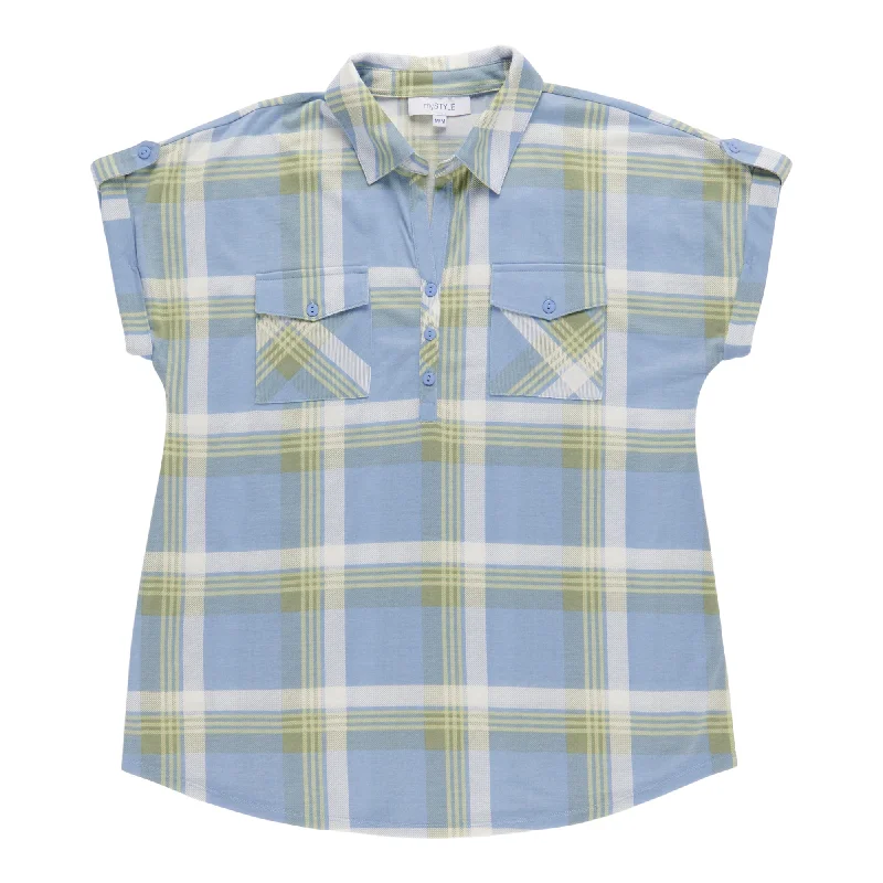mySTYLE Women's Festival Short Sleeve Plaid Knit Top Recycled Knit Tee