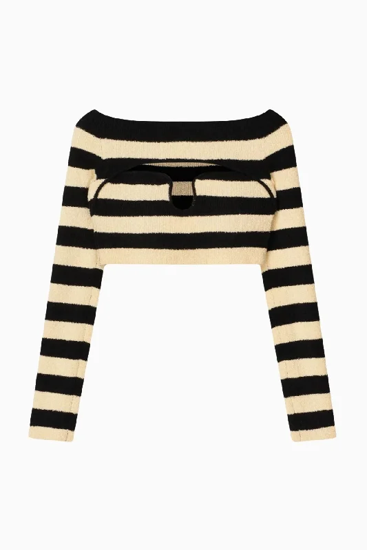 Nanushka Marnin Striped Terry Knit Top - Creme/ Off Black Animal Print Knit Blouse