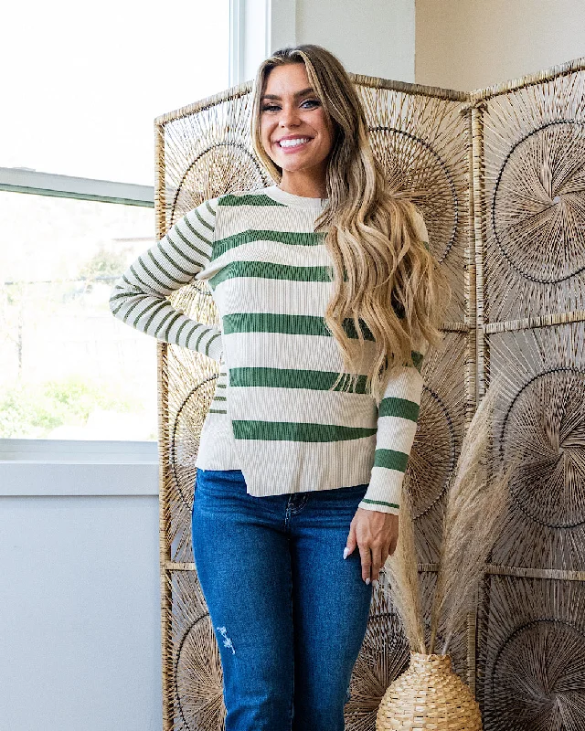 Kimberly Contrast Stripe Knit Top - Olive & Oatmeal Sky Blue Knit Tee