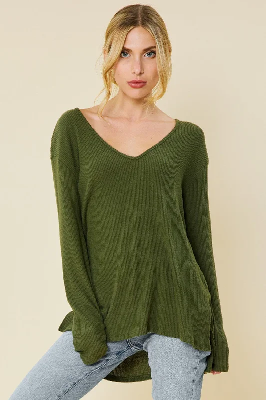 OLIVE V-NECK SOFT TOUCH RIB KNIT TOP FSLST3067 Geometric Knit Tee