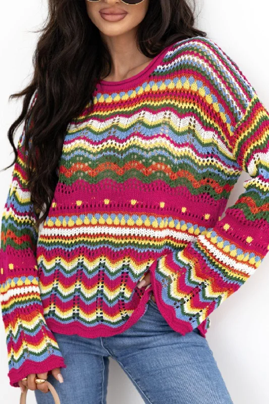 Openwork Contrast Round Neck Flare Sleeve Knit Top Casual Knit Blouse