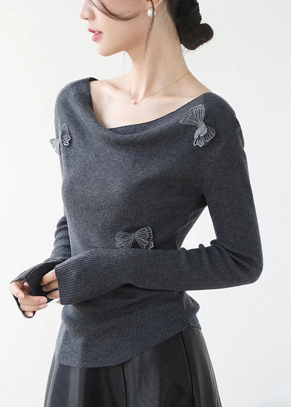 Original Design Grey Slash Neck Butterfly Knit Top Winter Boat Neck Knit Top