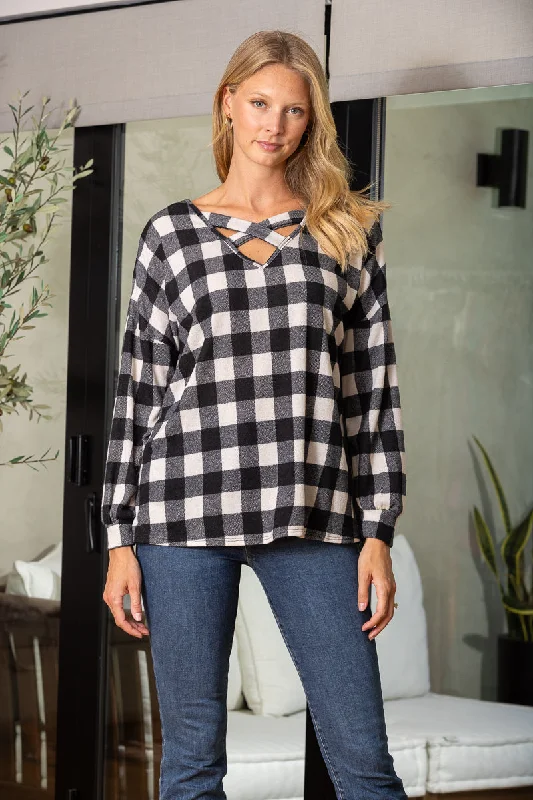 BLACK MADRAS PRINT LONG SLEEVES TUNIC KNIT TOP ET5144 Beige Knit Top