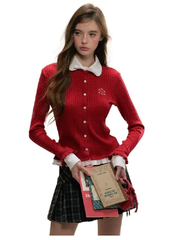 Red & Gray Doll Collar Two-Piece Knit Top Bronze Knit Blouse