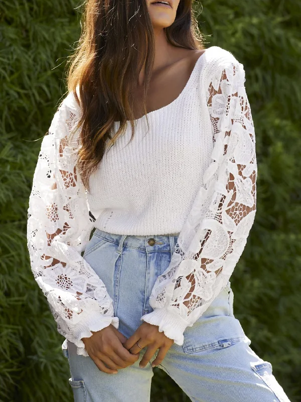 Ribbed Lace Trim Flounce Sleeve Knit Top Comfortable Knit Tee