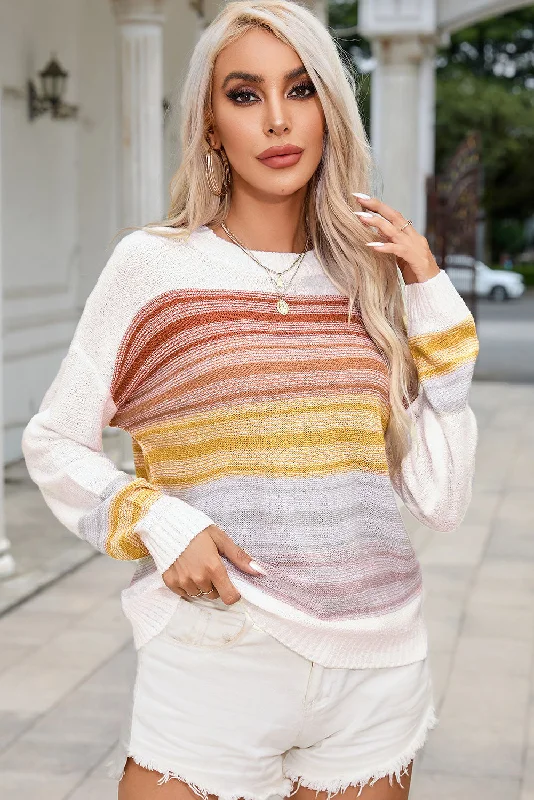 Round Neck Printed Dropped Shoulder Knit Top Stylish Knit Top