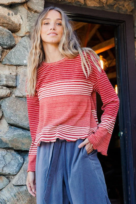 RUST STRIPE CREW NECK LONG SLEEVES KNIT TOP CFTS12732 Textured Knit Blouse