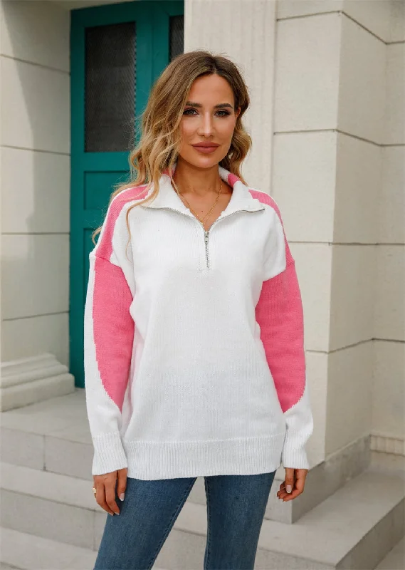 Two-Tone Collared Neck Dropped Shoulder Knit Top Ribbed Knit Shirt