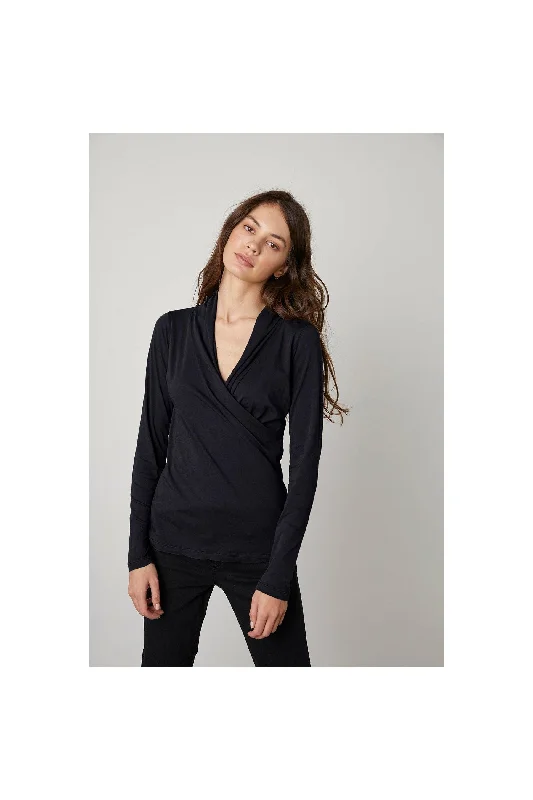 Velvet by Graham & Spencer Meri Wrap Front Fitted Knit Top  | Black Glamorous Knit Top