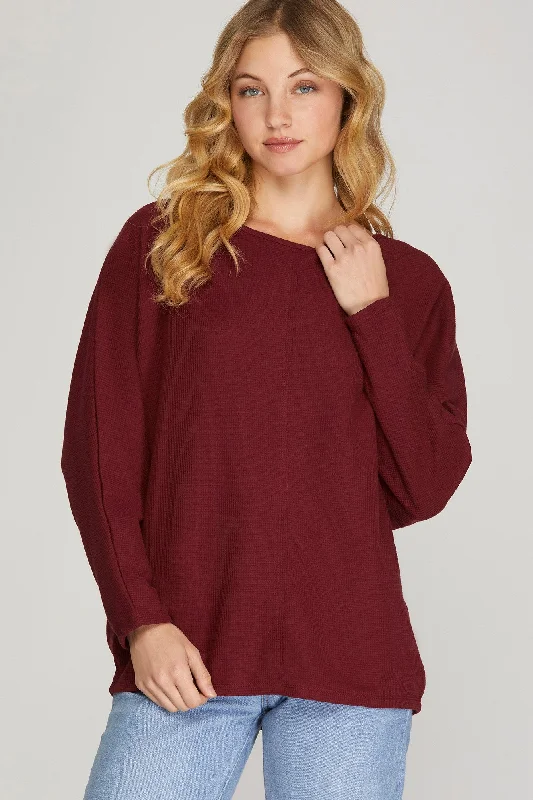WINE LONG BATWING SLEEVES THERMAL KNIT TOP S8SY2586A Animal Print Knit Blouse