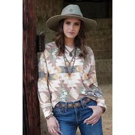 WOMEN'S AZTEC LONG SLEEVE RIB KNIT TOP - CREAM #CTK7463002 Pure White Knit Blouse