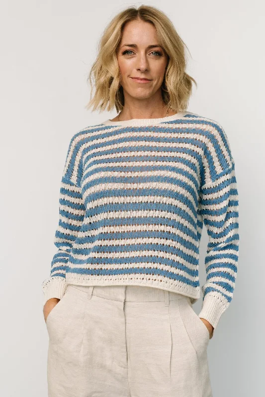 Dawn Open Knit Top | Blue + Ivory Holiday Knit Blouse